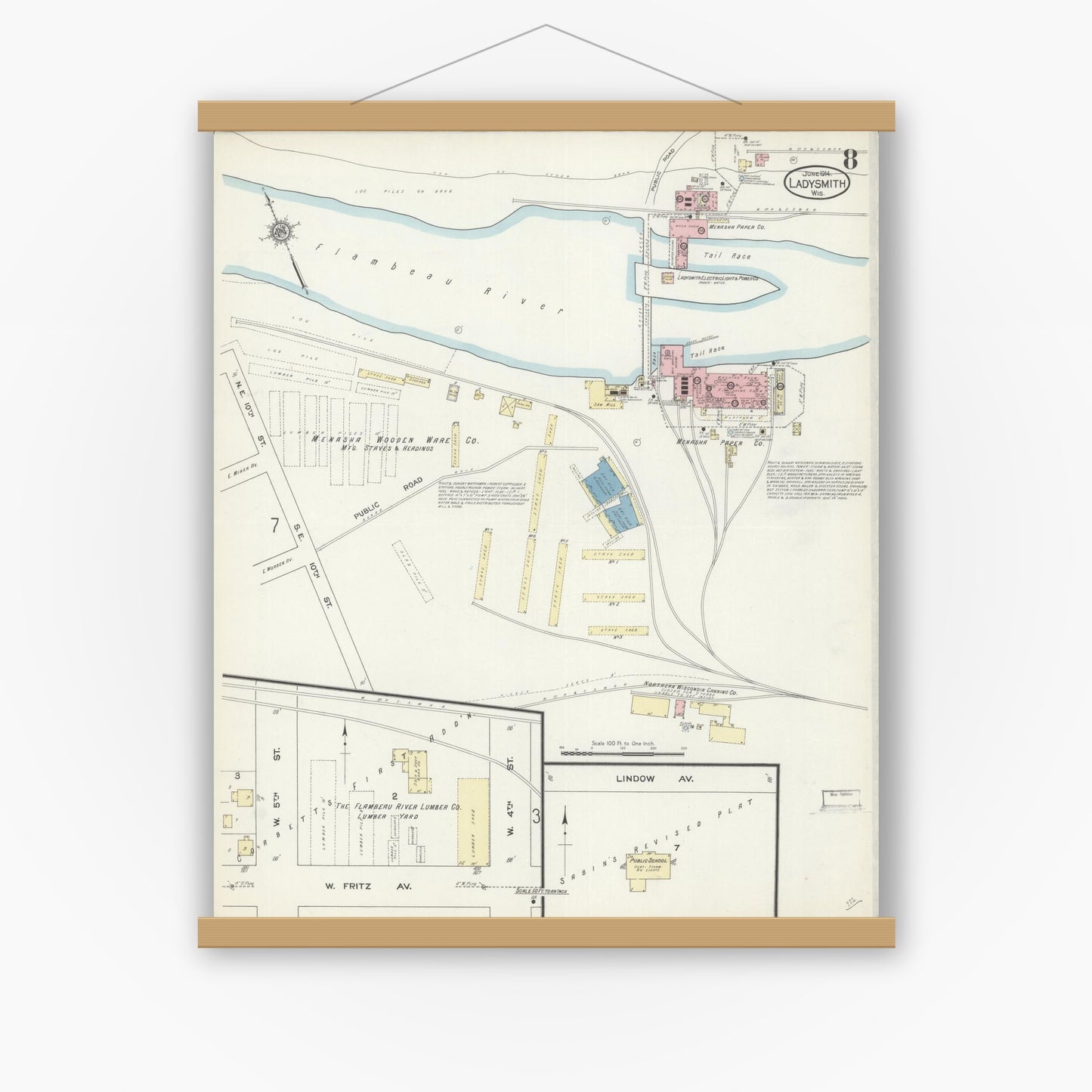 Old map wall art mockup — magnetic wood frame on white wall — Sanborn Fire Insurance Map from Ladysmith, Rusk County, Wisconsin (1914), Sheet #0008