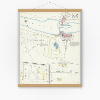 Old map wall art mockup — magnetic wood frame on white wall — Sanborn Fire Insurance Map from Ladysmith, Rusk County, Wisconsin (1914), Sheet #0008