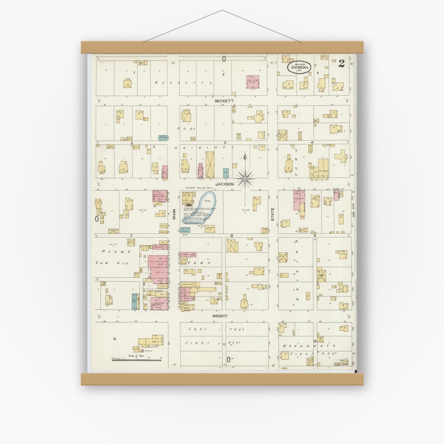 Old map wall art mockup — magnetic wood frame on white wall — Sanborn Fire Insurance Map from Hymera, Sullivan County, Indiana (1904), Sheet #0002