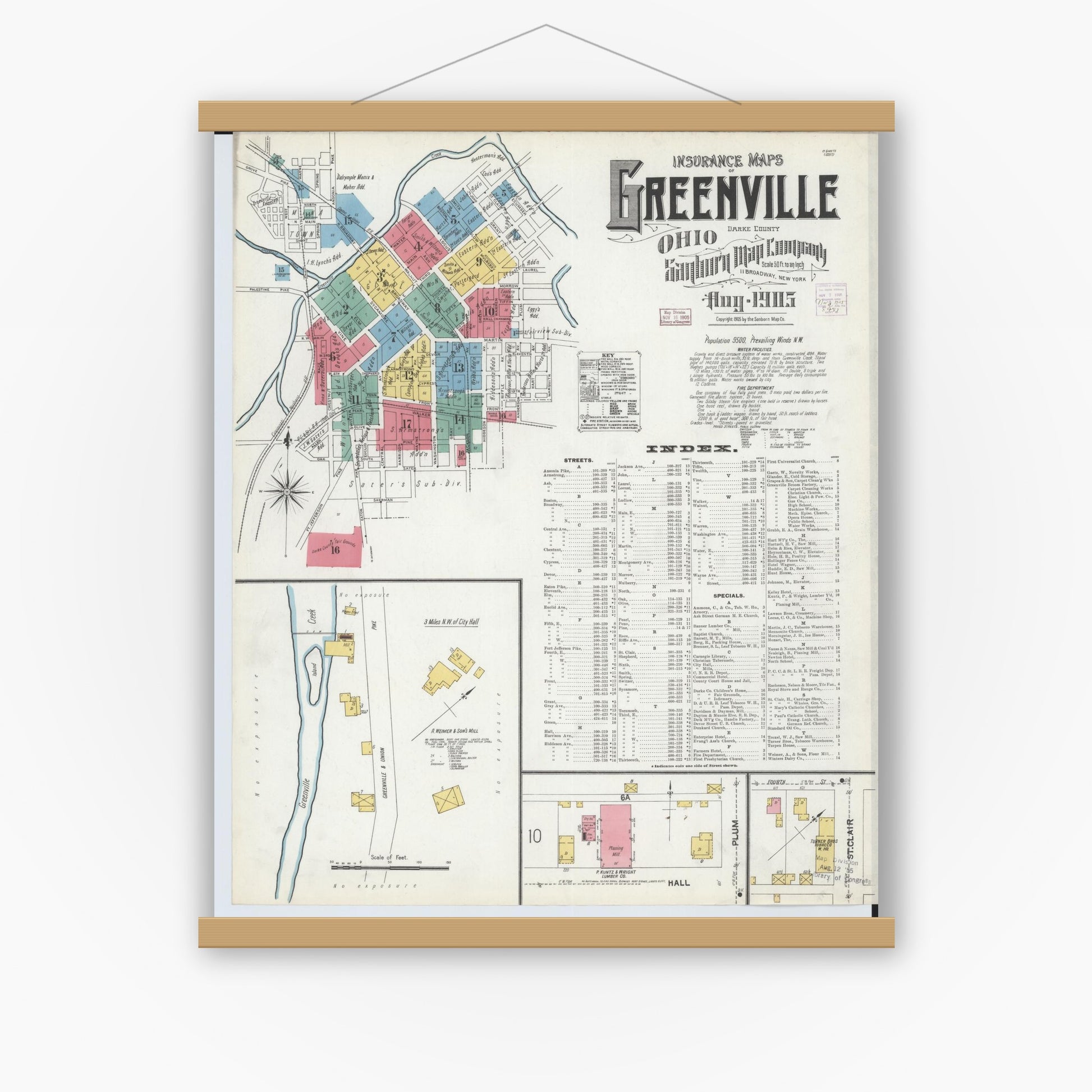Old map wall art mockup — magnetic wood frame on white wall — Sanborn Fire Insurance Map from Greenville, Darke County, Ohio (1905), Sheet #0001
