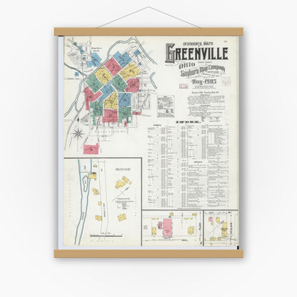 Old map wall art mockup — magnetic wood frame on white wall — Sanborn Fire Insurance Map from Greenville, Darke County, Ohio (1905), Sheet #0001