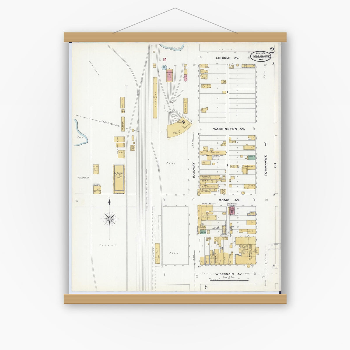Old map wall art mockup — magnetic wood frame on white wall — Sanborn Fire Insurance Map from Tomahawk, Lincoln County, Wisconsin (1908), Sheet #0002