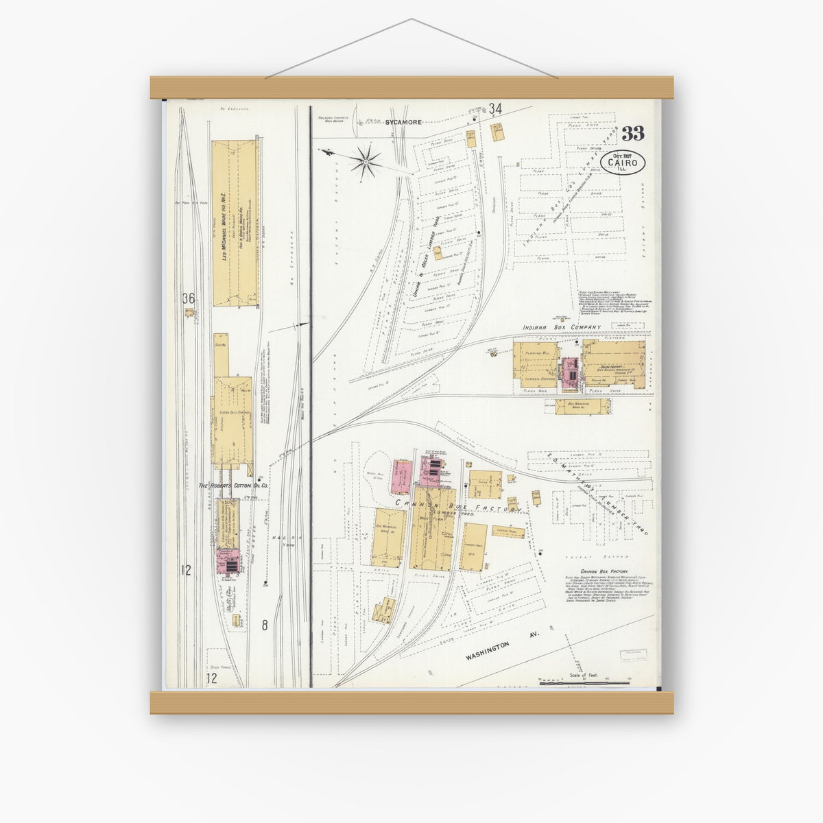 Old map wall art mockup — magnetic wood frame on white wall — Sanborn Fire Insurance Map from Cairo, Alexander County, Illinois (1907), Sheet #0033