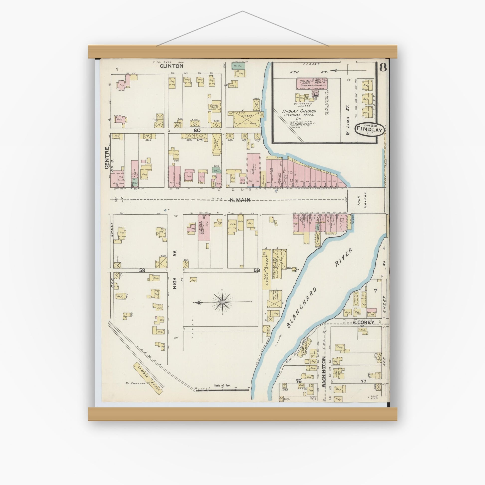 Old map wall art mockup — magnetic wood frame on white wall — Sanborn Fire Insurance Map from Findlay, Hancock County, Ohio (1890), Sheet #0008