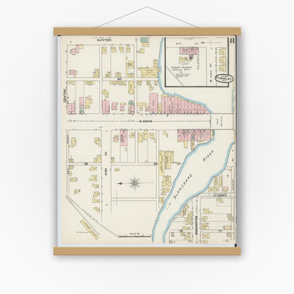 Old map wall art mockup — magnetic wood frame on white wall — Sanborn Fire Insurance Map from Findlay, Hancock County, Ohio (1890), Sheet #0008