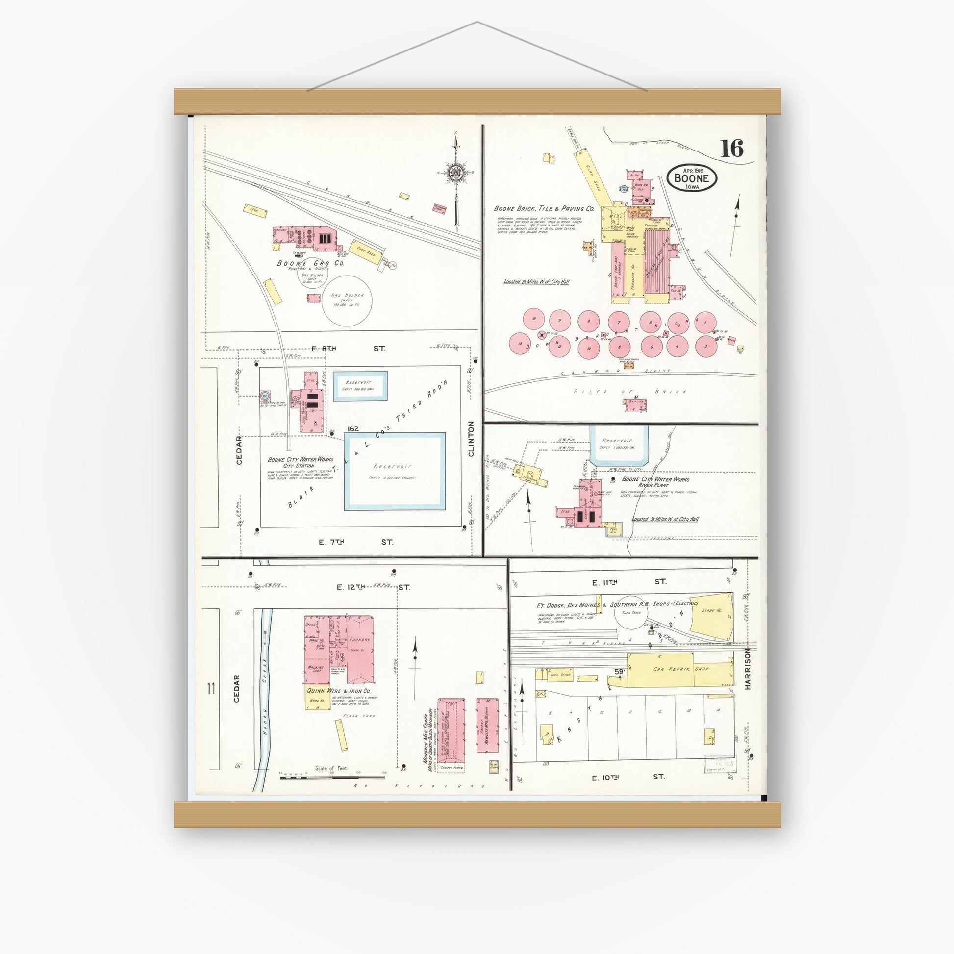 Old map wall art mockup — magnetic wood frame on white wall — Sanborn Fire Insurance Map from Boone, Boone County, Iowa (1916), Sheet #0016
