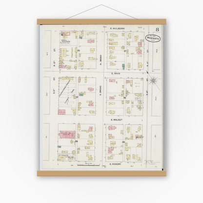 Old map wall art mockup — magnetic wood frame on white wall — Sanborn Fire Insurance Map from Mankato, Blue Earth County, Minnesota (1889), Sheet #0008