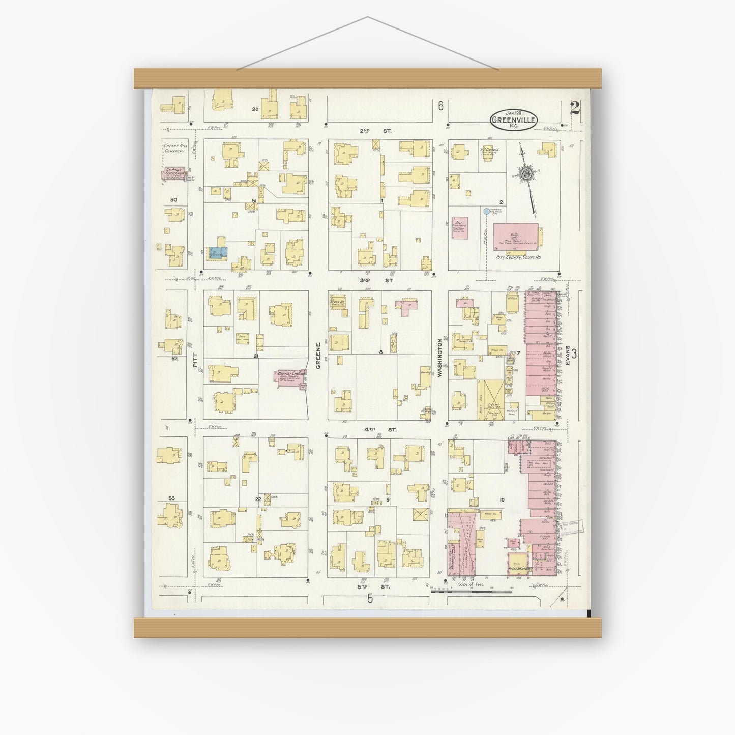 Old map wall art mockup — magnetic wood frame on white wall — Sanborn Fire Insurance Map from Greenville, Pitt County, North Carolina (1911), Sheet #0002