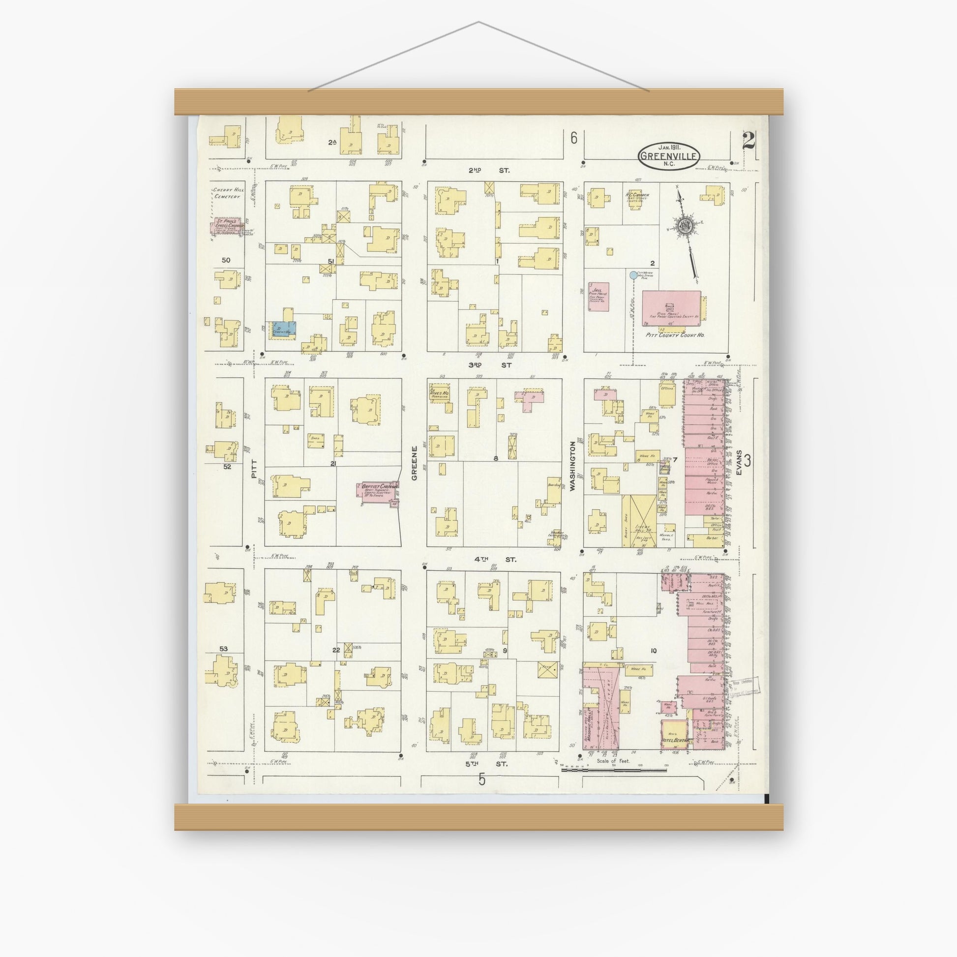 Old map wall art mockup — magnetic wood frame on white wall — Sanborn Fire Insurance Map from Greenville, Pitt County, North Carolina (1911), Sheet #0002