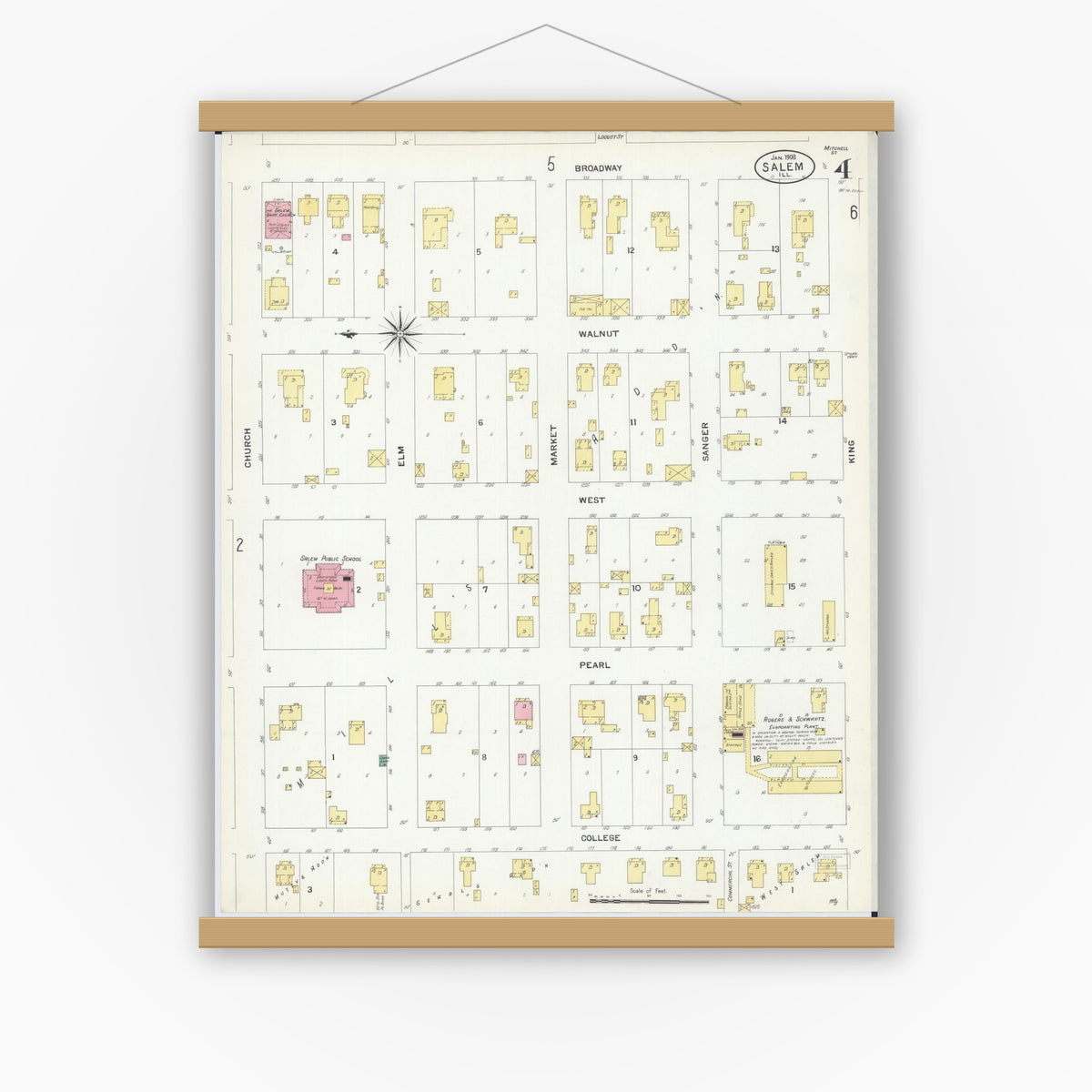 Old map wall art mockup — magnetic wood frame on white wall — Sanborn Fire Insurance Map from Salem, Marion County, Illinois (1908), Sheet #0004