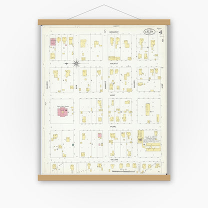 Old map wall art mockup — magnetic wood frame on white wall — Sanborn Fire Insurance Map from Salem, Marion County, Illinois (1908), Sheet #0004