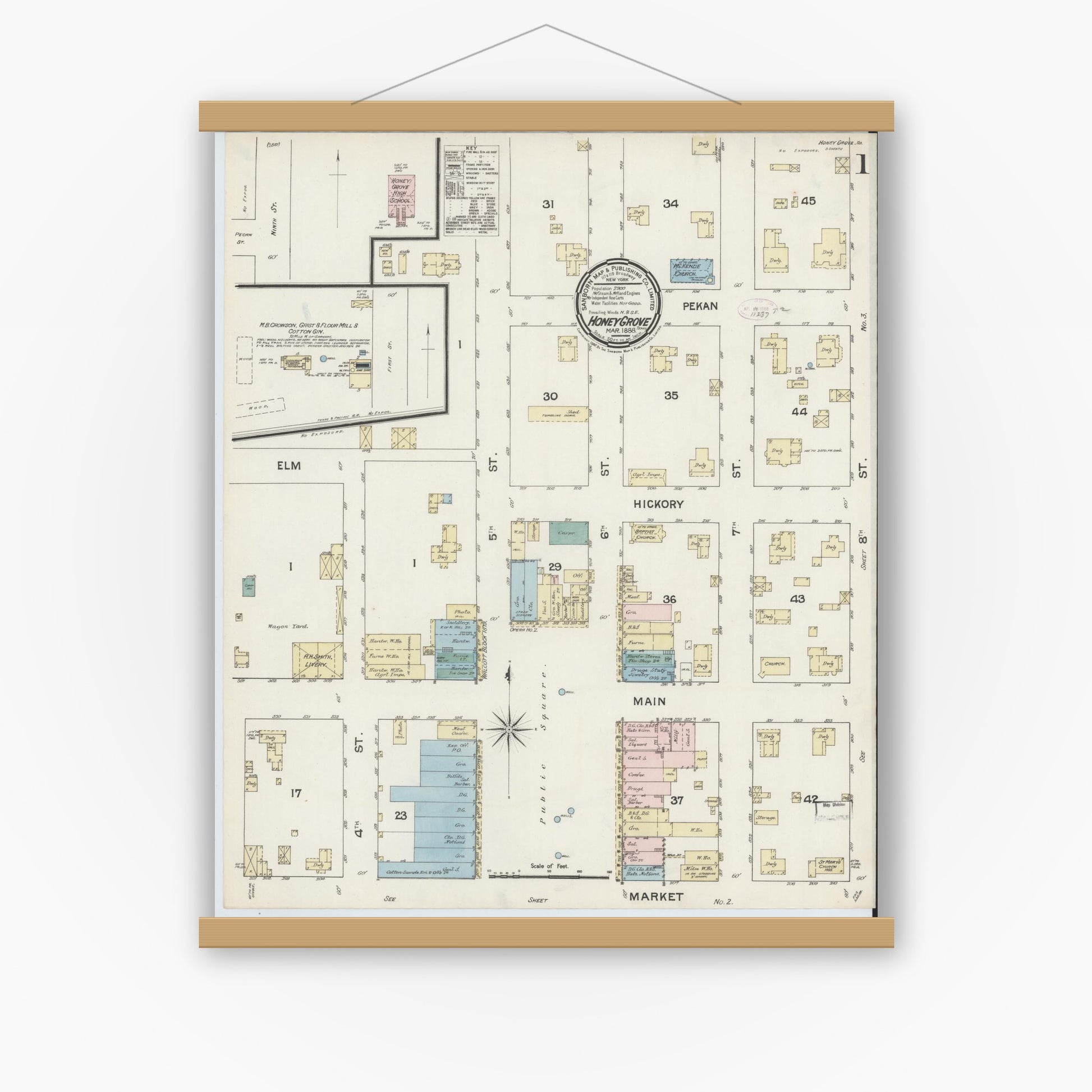 Old map wall art mockup — magnetic wood frame on white wall — Sanborn Fire Insurance Map from Honey Grove, Fannin County, Texas (1888) - Complete Map Set