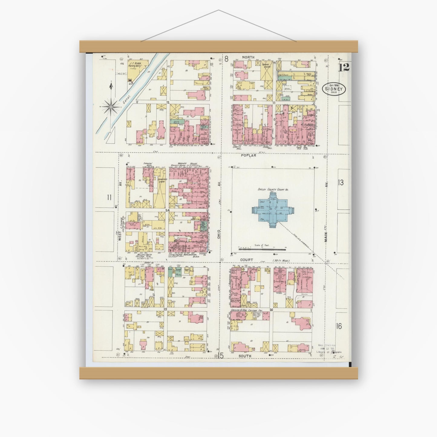 Old map wall art mockup — magnetic wood frame on white wall — Sanborn Fire Insurance Map from Sidney, Shelby County, Ohio (1898), Sheet #0012