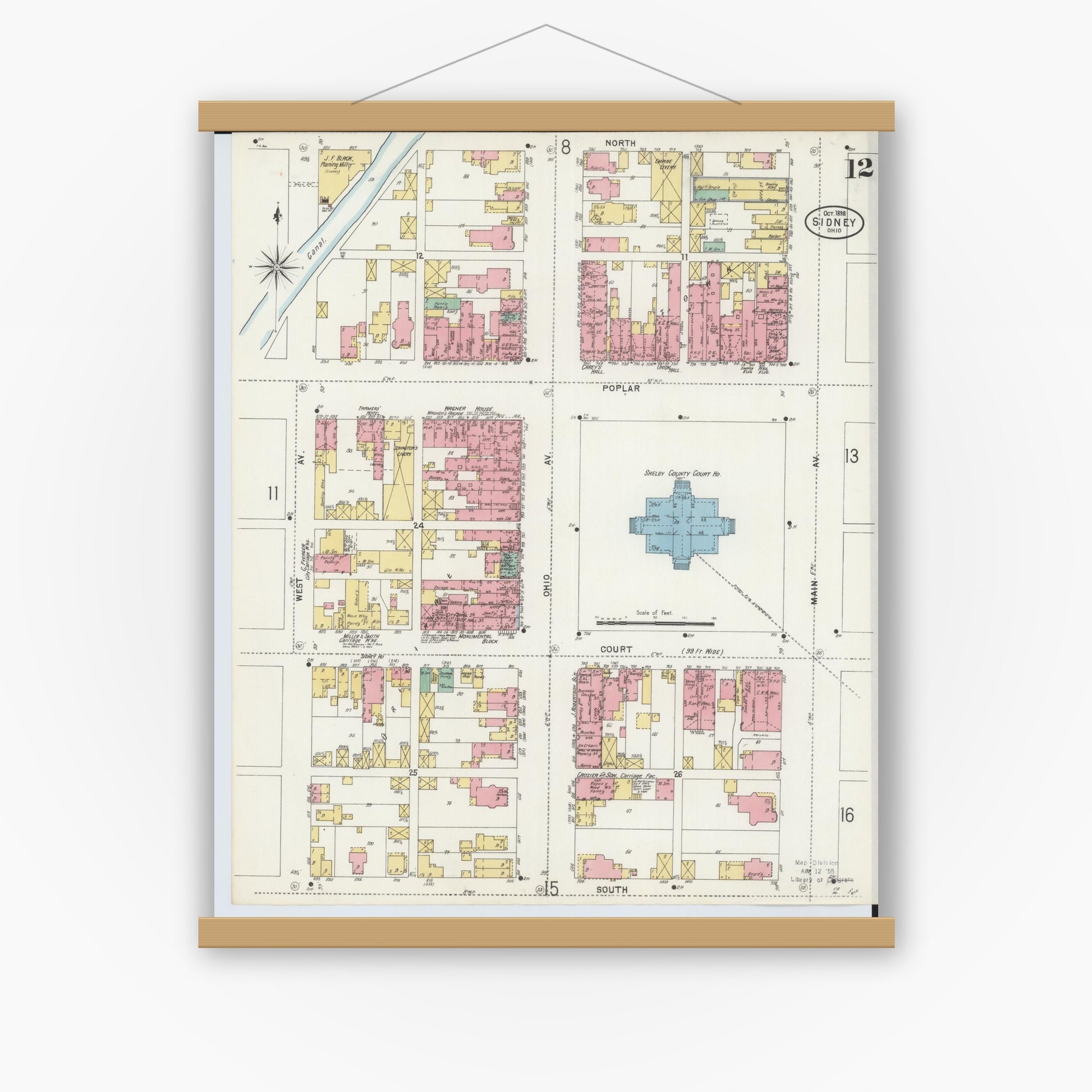 Old map wall art mockup — magnetic wood frame on white wall — Sanborn Fire Insurance Map from Sidney, Shelby County, Ohio (1898), Sheet #0012