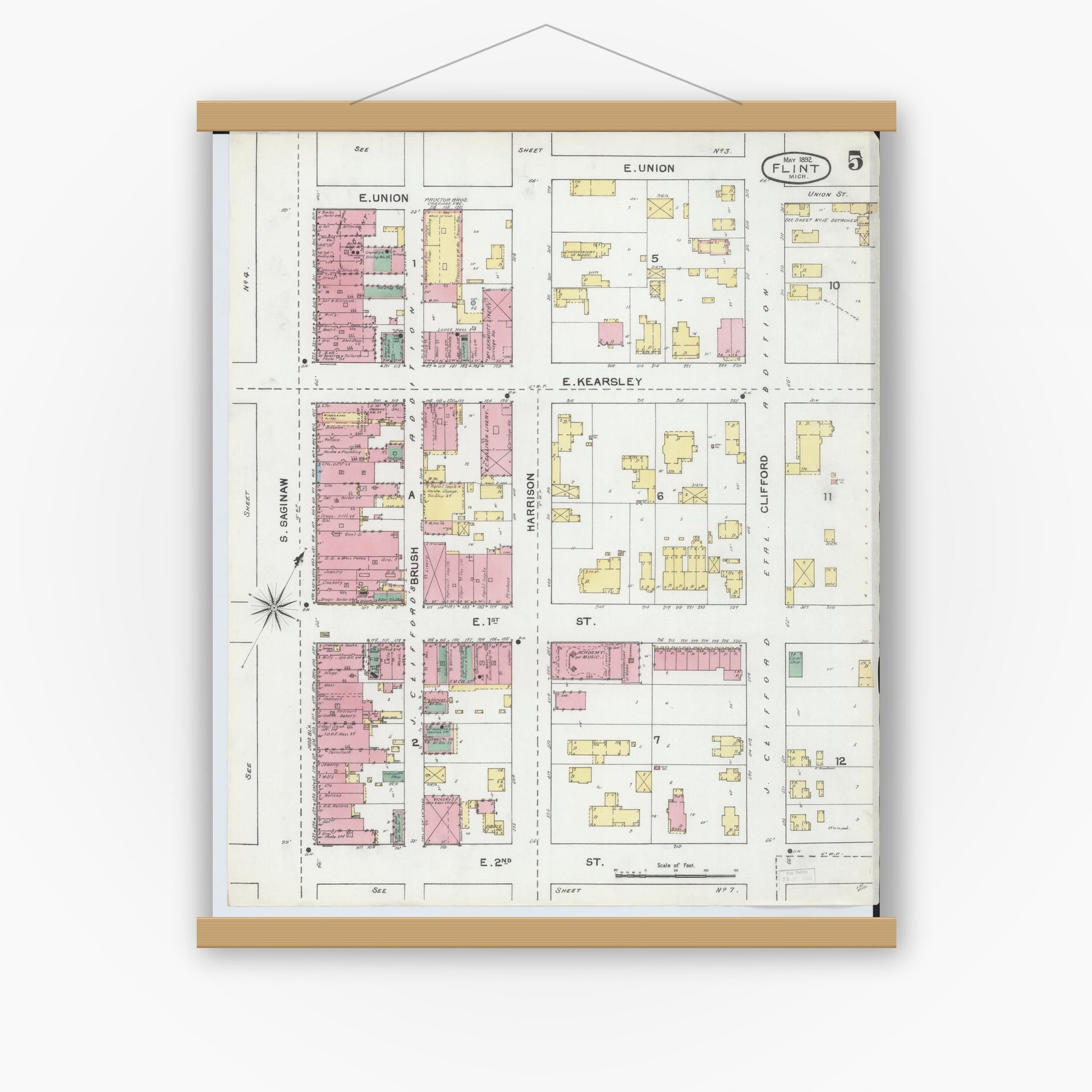 Old map wall art mockup — magnetic wood frame on white wall — Sanborn Fire Insurance Map from Flint, Genesee County, Michigan (1892), Sheet #0005
