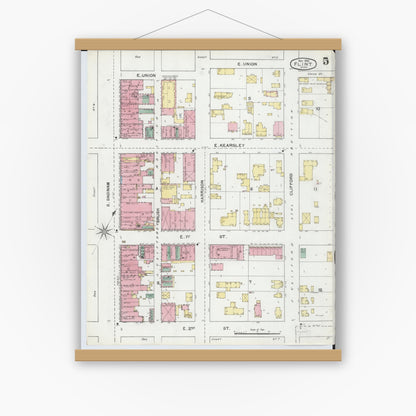 Old map wall art mockup — magnetic wood frame on white wall — Sanborn Fire Insurance Map from Flint, Genesee County, Michigan (1892), Sheet #0005