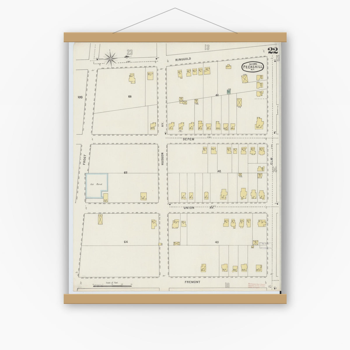 Old map wall art mockup — magnetic wood frame on white wall — Sanborn Fire Insurance Map from Peekskill, Westchester County, New York (1895), Sheet #0022