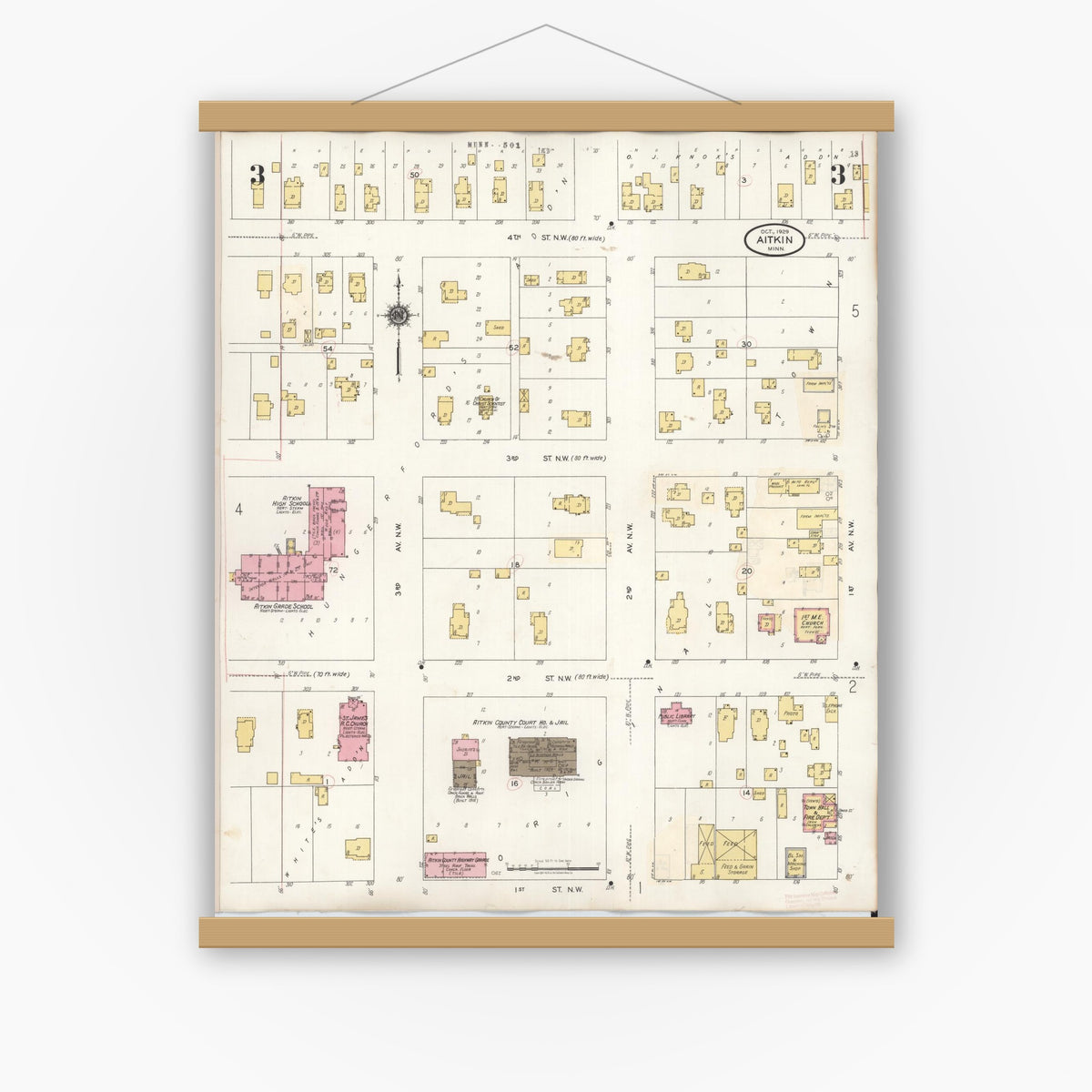 Old map wall art mockup — magnetic wood frame on white wall — Sanborn Fire Insurance Map from Aitkin, Aitkin County, Minnesota (1936), Sheet #0003