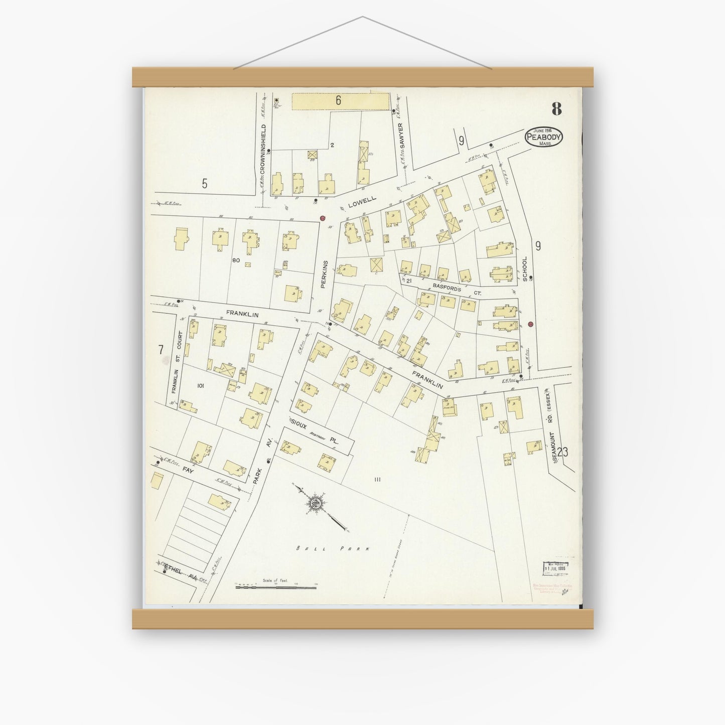 Old map wall art mockup — magnetic wood frame on white wall — Sanborn Fire Insurance Map from Peabody, Essex County, Massachusetts (1914), Sheet #0008