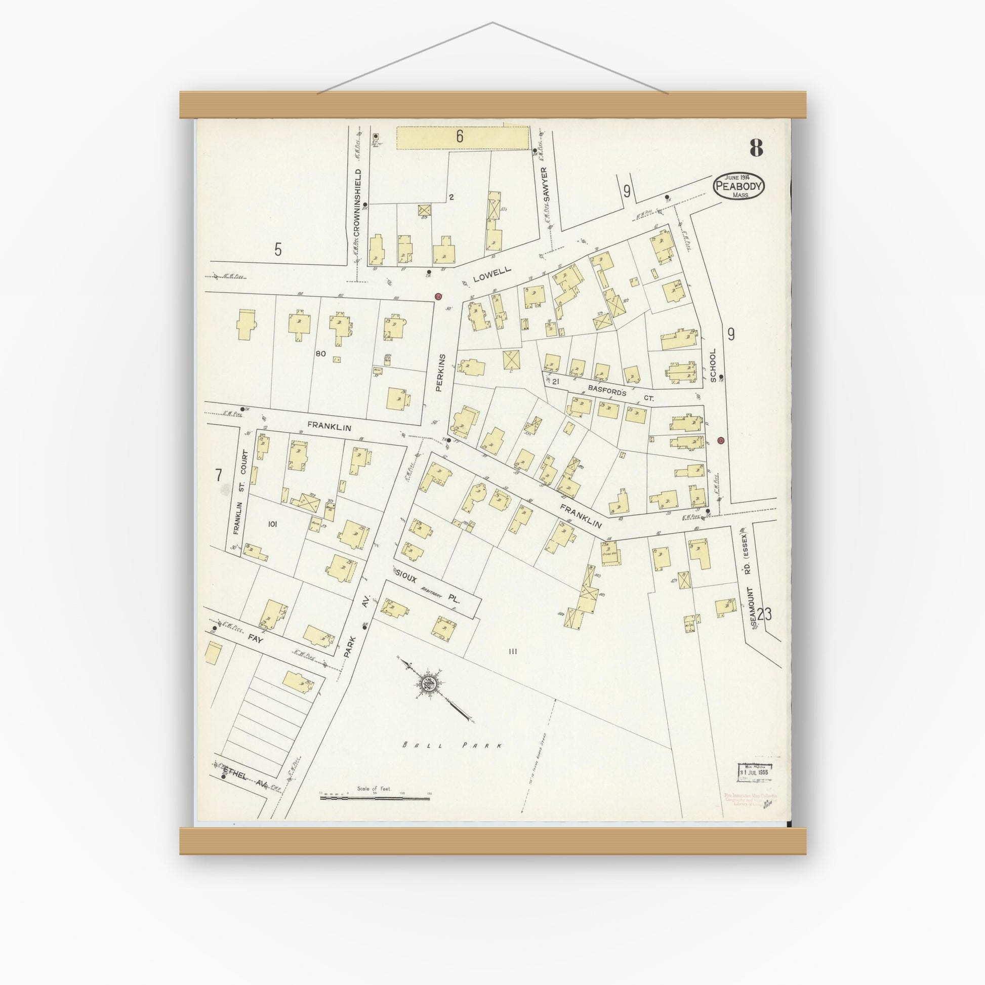 Old map wall art mockup — magnetic wood frame on white wall — Sanborn Fire Insurance Map from Peabody, Essex County, Massachusetts (1914), Sheet #0008