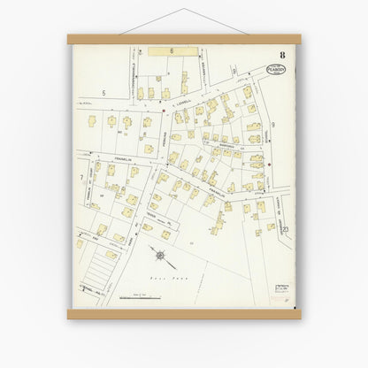 Old map wall art mockup — magnetic wood frame on white wall — Sanborn Fire Insurance Map from Peabody, Essex County, Massachusetts (1914), Sheet #0008