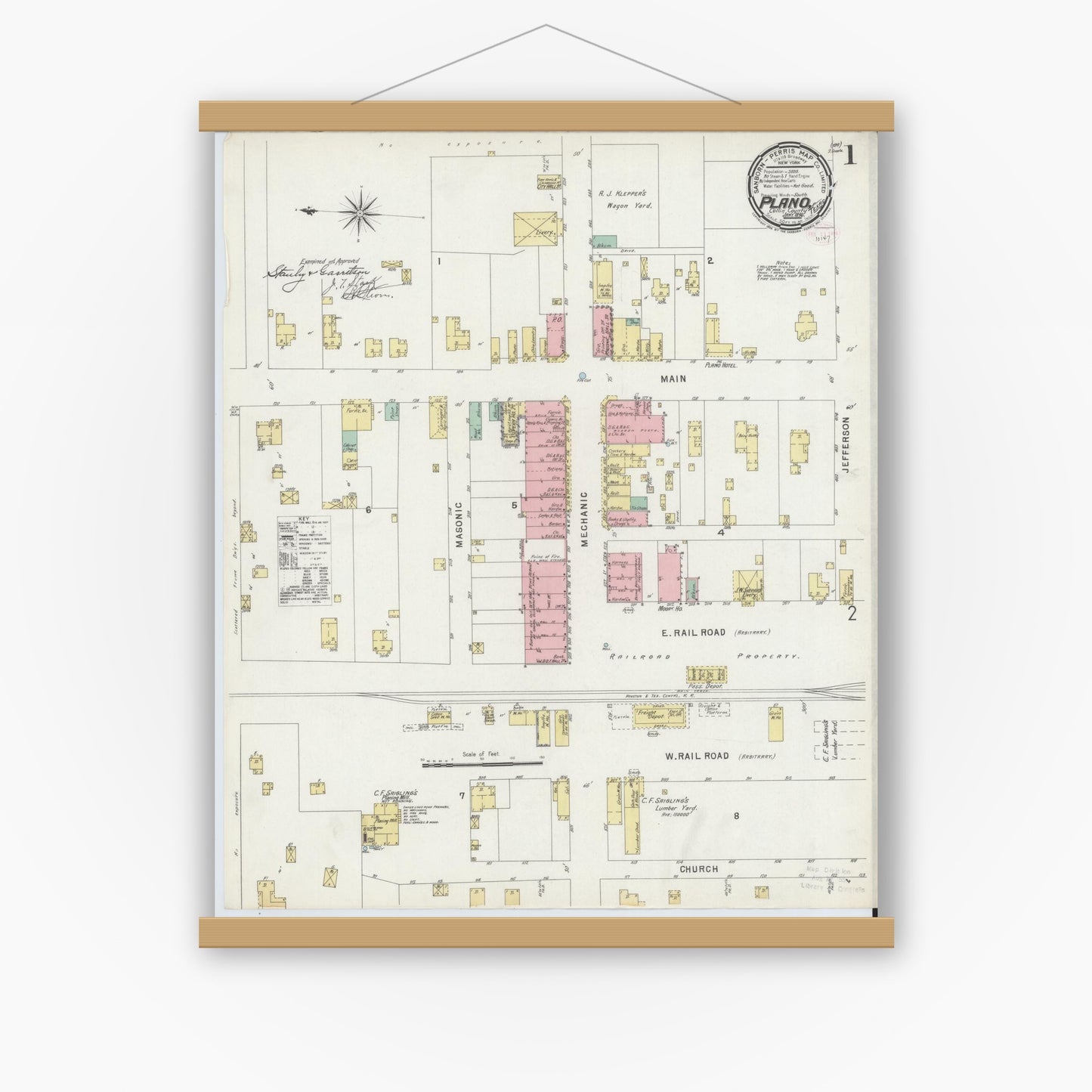 Old map wall art mockup — magnetic wood frame on white wall — Sanborn Fire Insurance Map from Plano, Collin County, Texas (1896), Sheet #0001