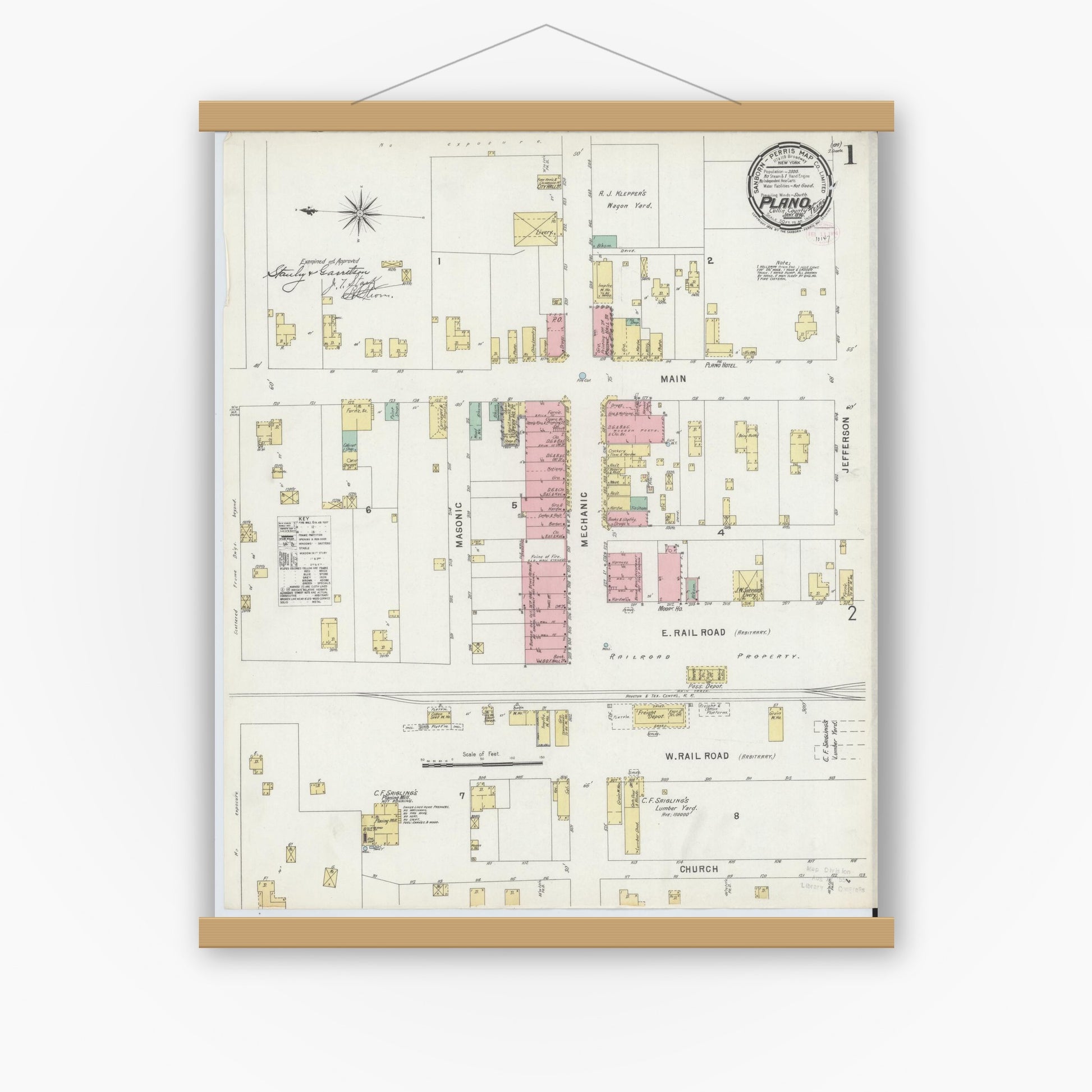 Old map wall art mockup — magnetic wood frame on white wall — Sanborn Fire Insurance Map from Plano, Collin County, Texas (1896), Sheet #0001