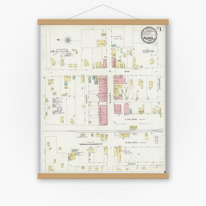 Old map wall art mockup — magnetic wood frame on white wall — Sanborn Fire Insurance Map from Plano, Collin County, Texas (1896), Sheet #0001