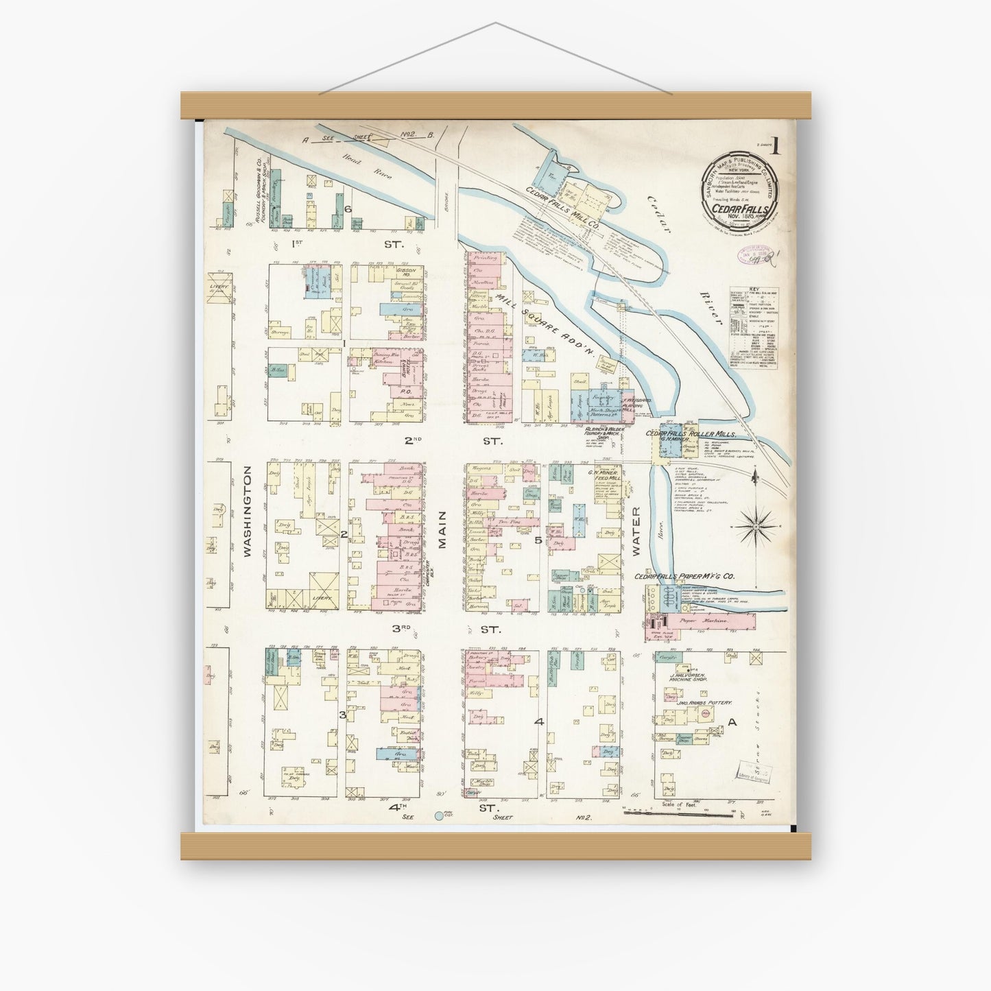 Old map wall art mockup — magnetic wood frame on white wall — Sanborn Fire Insurance Map from Cedar Falls, Black Hawk County, Iowa (1885), Sheet #0001