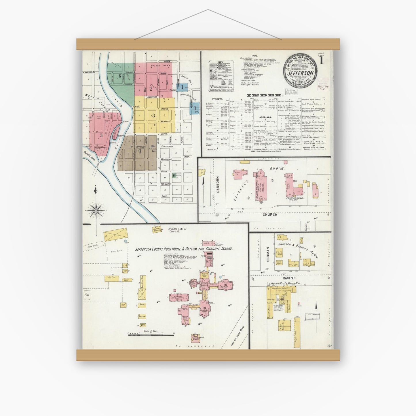 Old map wall art mockup — magnetic wood frame on white wall — Sanborn Fire Insurance Map from Jefferson, Jefferson County, Wisconsin (1904) - Complete Map Set