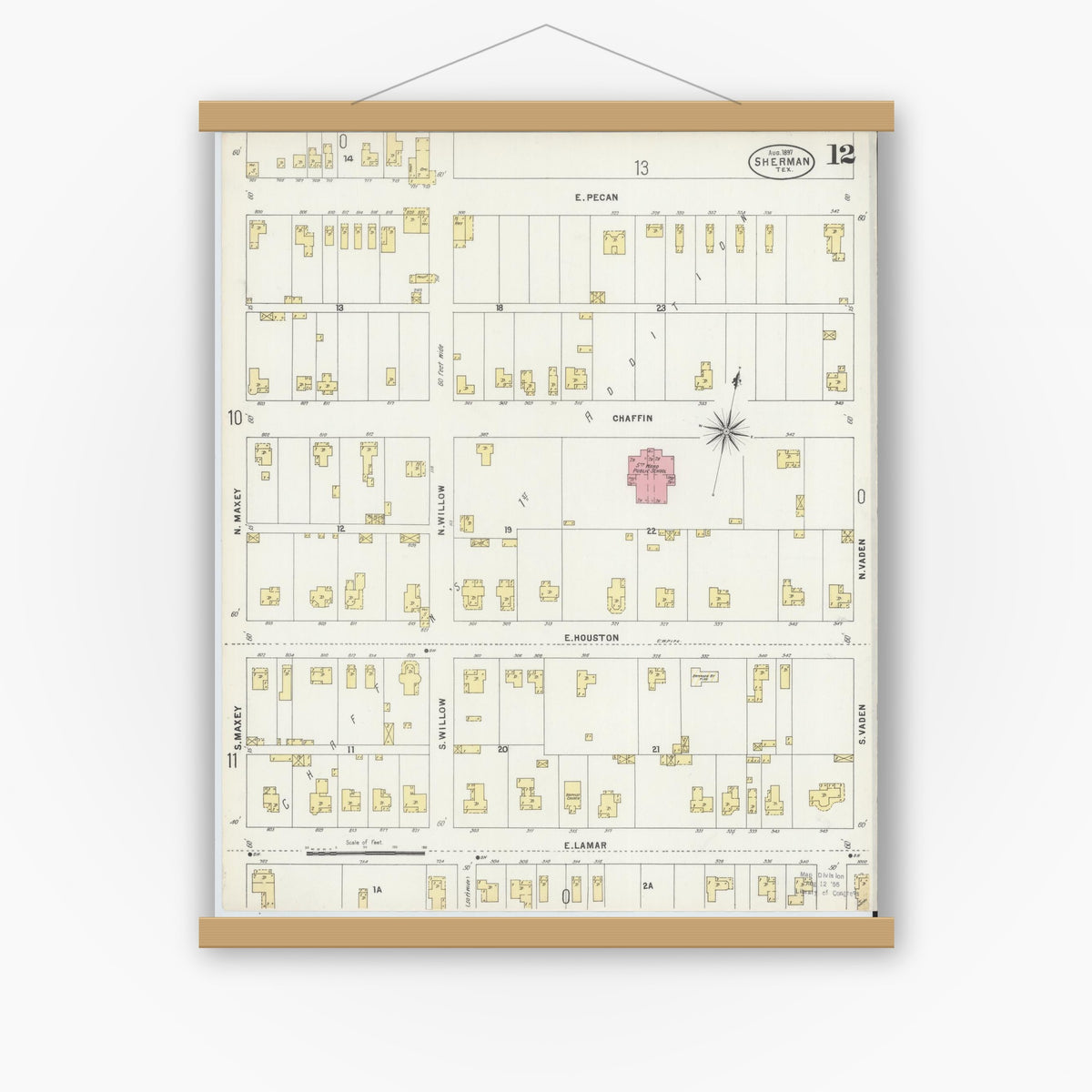 Old map wall art mockup — magnetic wood frame on white wall — Sanborn Fire Insurance Map from Sherman, Grayson County, Texas (1897), Sheet #0012