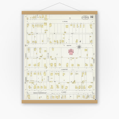 Old map wall art mockup — magnetic wood frame on white wall — Sanborn Fire Insurance Map from Sherman, Grayson County, Texas (1897), Sheet #0012