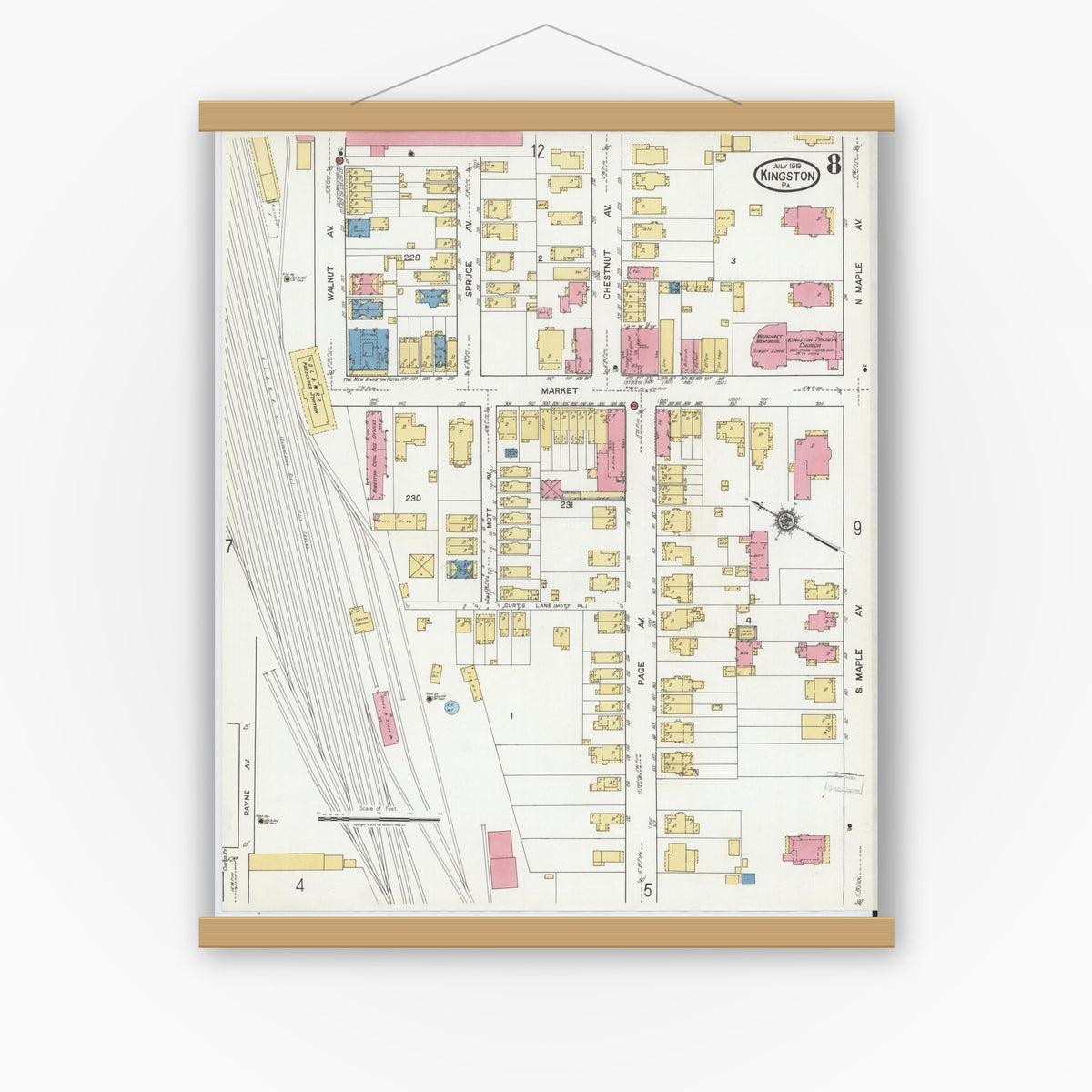 Old map wall art mockup — magnetic wood frame on white wall — Sanborn Fire Insurance Map from Kingston, Luzerne County, Pennsylvania (1919), Sheet #0008