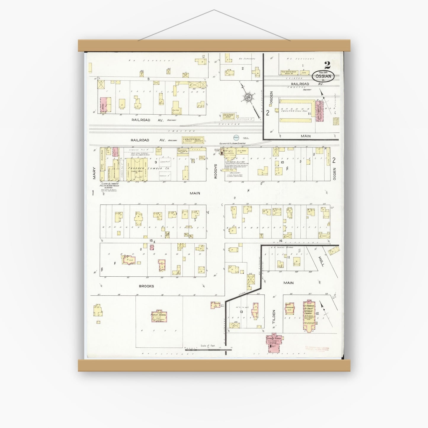 Old map wall art mockup — magnetic wood frame on white wall — Sanborn Fire Insurance Map from Ossian, Winneshiek County, Iowa (1914), Sheet #0002