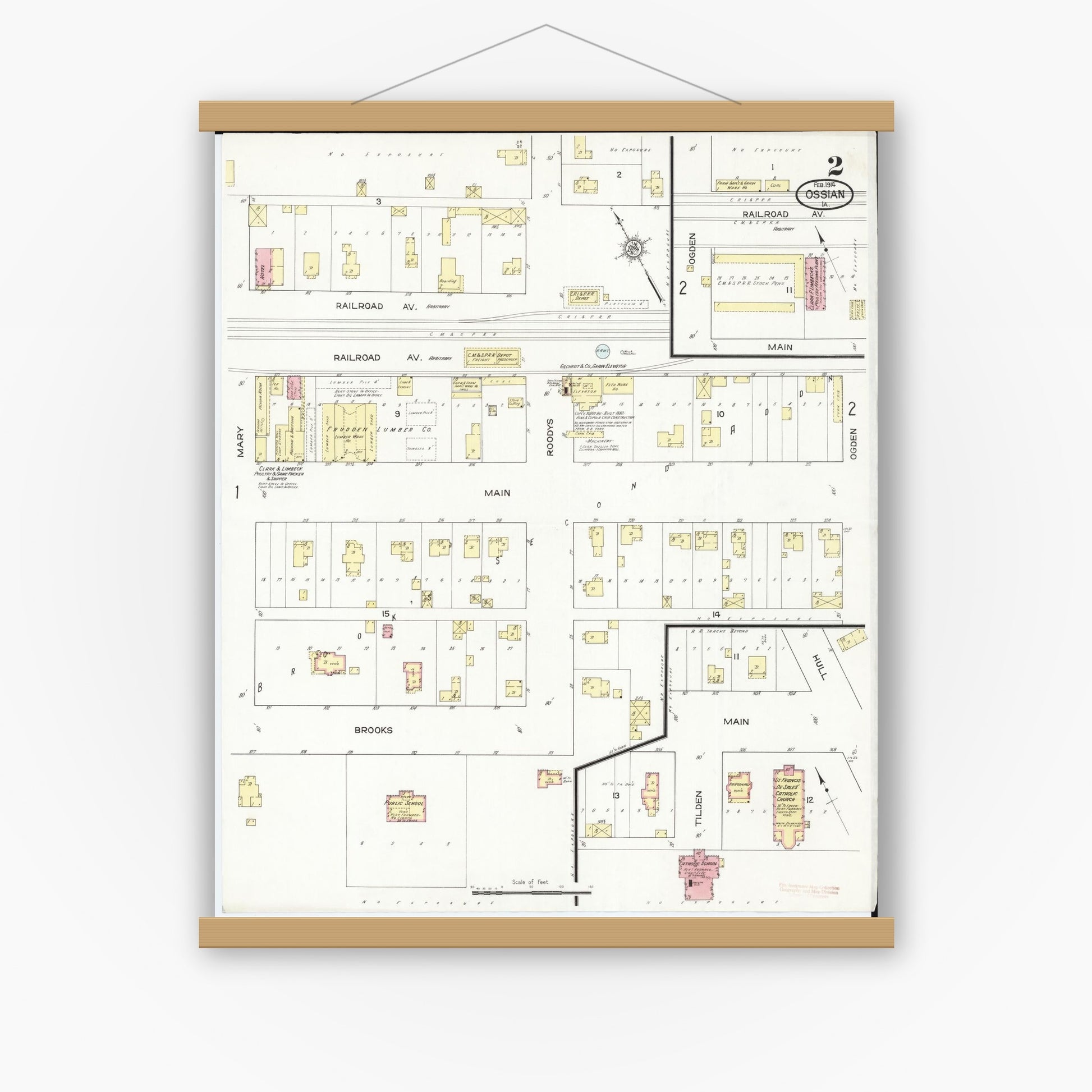 Old map wall art mockup — magnetic wood frame on white wall — Sanborn Fire Insurance Map from Ossian, Winneshiek County, Iowa (1914), Sheet #0002