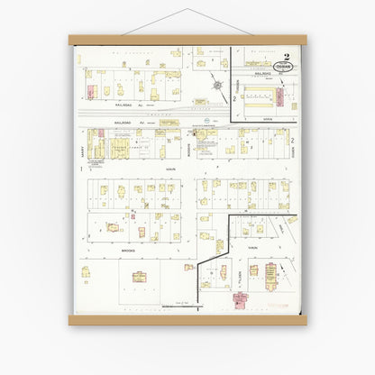Old map wall art mockup — magnetic wood frame on white wall — Sanborn Fire Insurance Map from Ossian, Winneshiek County, Iowa (1914), Sheet #0002