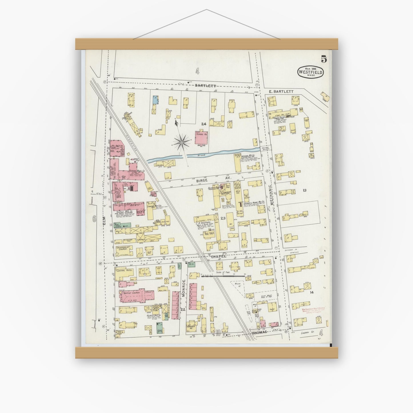 Old map wall art mockup — magnetic wood frame on white wall — Sanborn Fire Insurance Map from Westfield, Hampden County, Massachusetts (1895), Sheet #0005