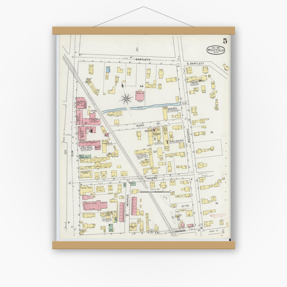 Old map wall art mockup — magnetic wood frame on white wall — Sanborn Fire Insurance Map from Westfield, Hampden County, Massachusetts (1895), Sheet #0005
