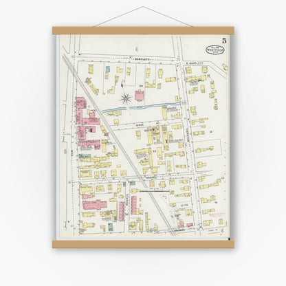 Old map wall art mockup — magnetic wood frame on white wall — Sanborn Fire Insurance Map from Westfield, Hampden County, Massachusetts (1895), Sheet #0005
