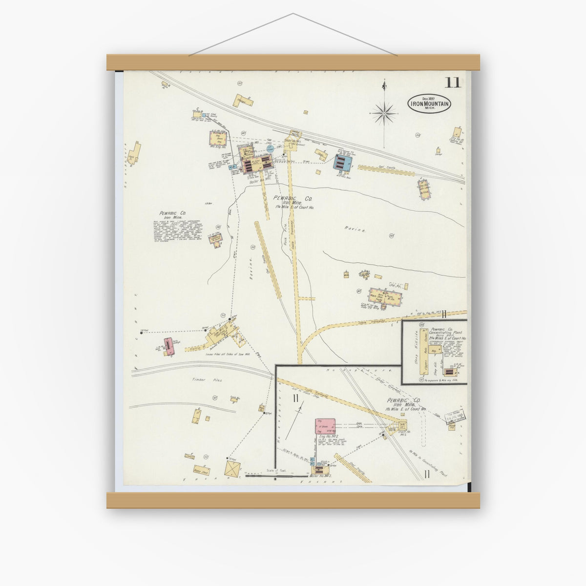 Old map wall art mockup — magnetic wood frame on white wall — Sanborn Fire Insurance Map from Iron Mountain, Dickinson County, Michigan (1897), Sheet #0011
