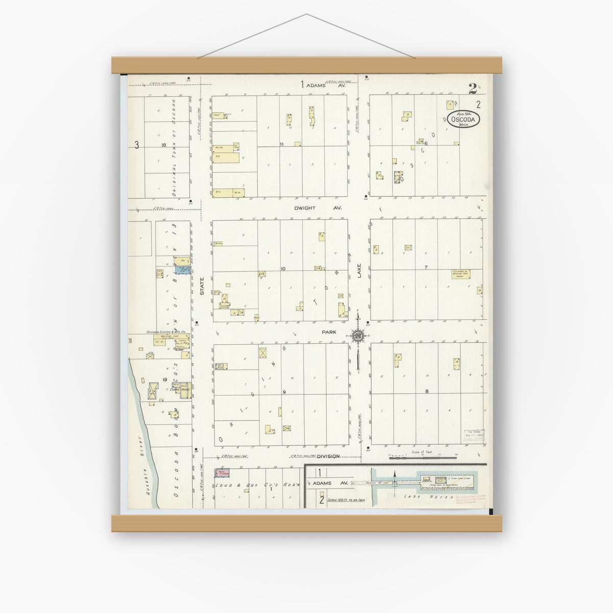Old map wall art mockup — magnetic wood frame on white wall — Sanborn Fire Insurance Map from Oscoda, Iosco County, Michigan (1914), Sheet #0002