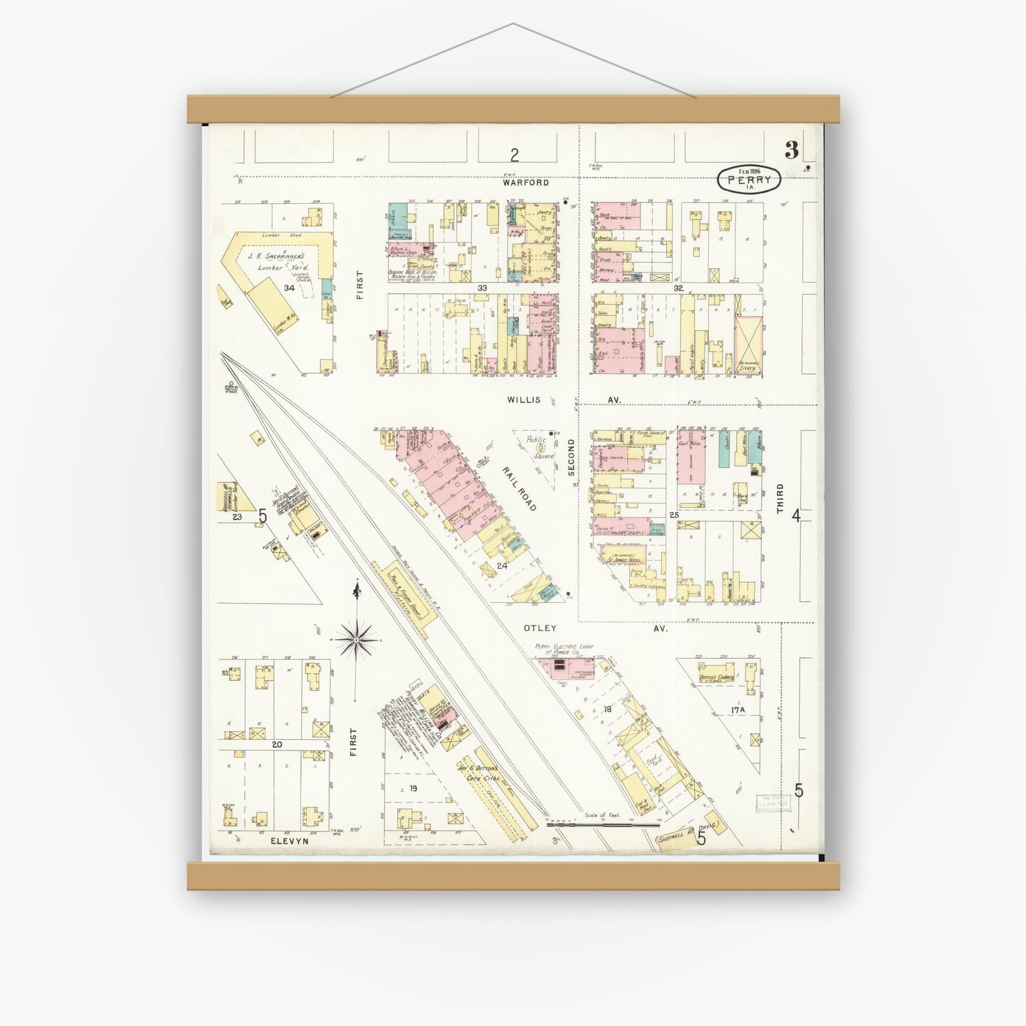 Old map wall art mockup — magnetic wood frame on white wall — Sanborn Fire Insurance Map from Perry, Dallas County, Iowa (1896), Sheet #0003