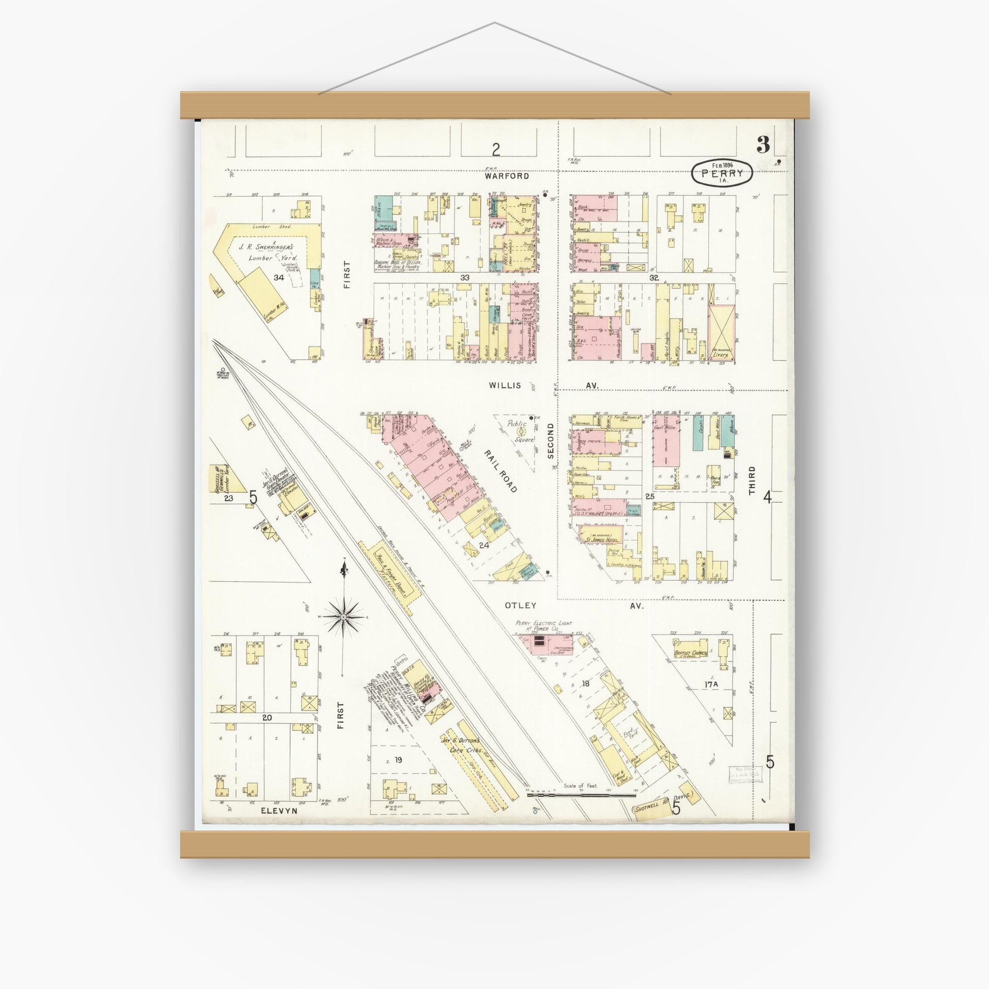 Old map wall art mockup — magnetic wood frame on white wall — Sanborn Fire Insurance Map from Perry, Dallas County, Iowa (1896), Sheet #0003