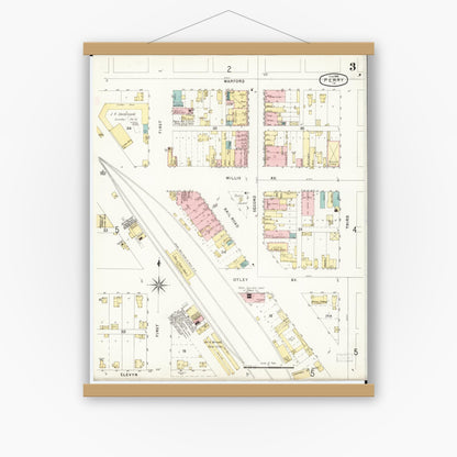Old map wall art mockup — magnetic wood frame on white wall — Sanborn Fire Insurance Map from Perry, Dallas County, Iowa (1896), Sheet #0003