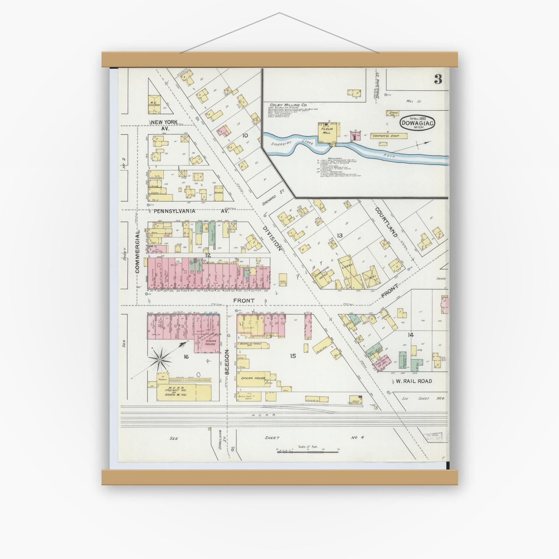 Old map wall art mockup — magnetic wood frame on white wall — Sanborn Fire Insurance Map from Dowagiac, Cass County, Michigan (1892), Sheet #0003