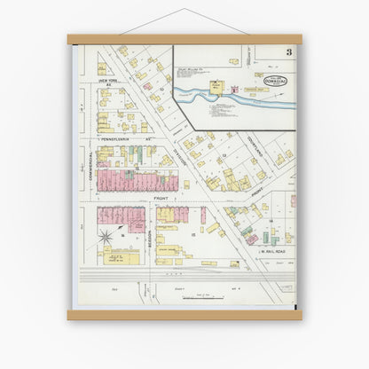 Old map wall art mockup — magnetic wood frame on white wall — Sanborn Fire Insurance Map from Dowagiac, Cass County, Michigan (1892), Sheet #0003