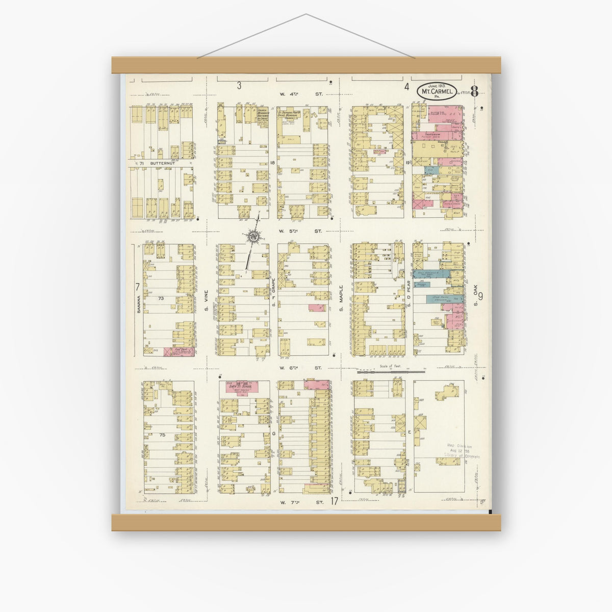 Old map wall art mockup — magnetic wood frame on white wall — Sanborn Fire Insurance Map from Mount Carmel, Northumberland County, Pennsylvania (1913), Sheet #0008