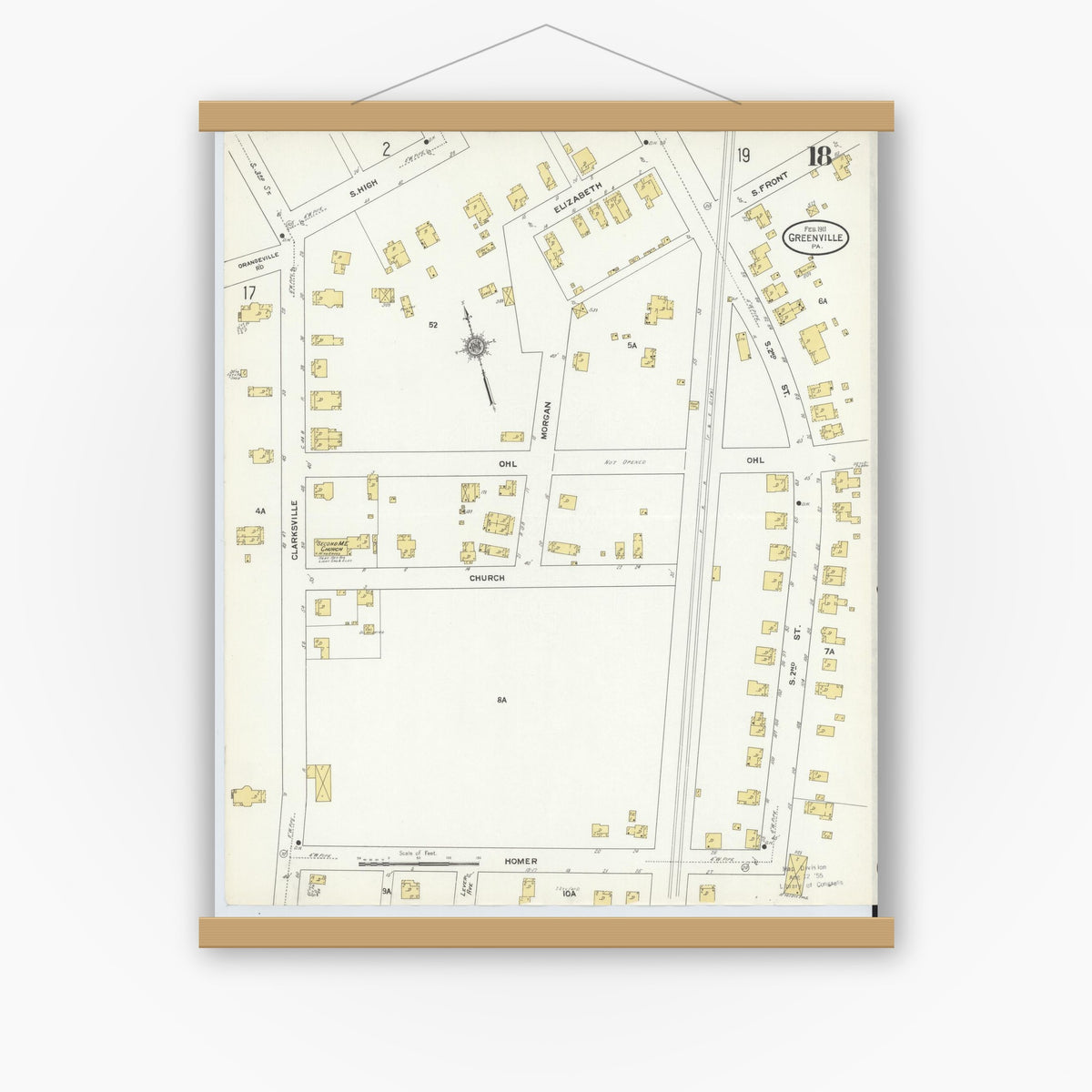 Old map wall art mockup — magnetic wood frame on white wall — Sanborn Fire Insurance Map from Greenville, Mercer County, Pennsylvania (1911), Sheet #0018
