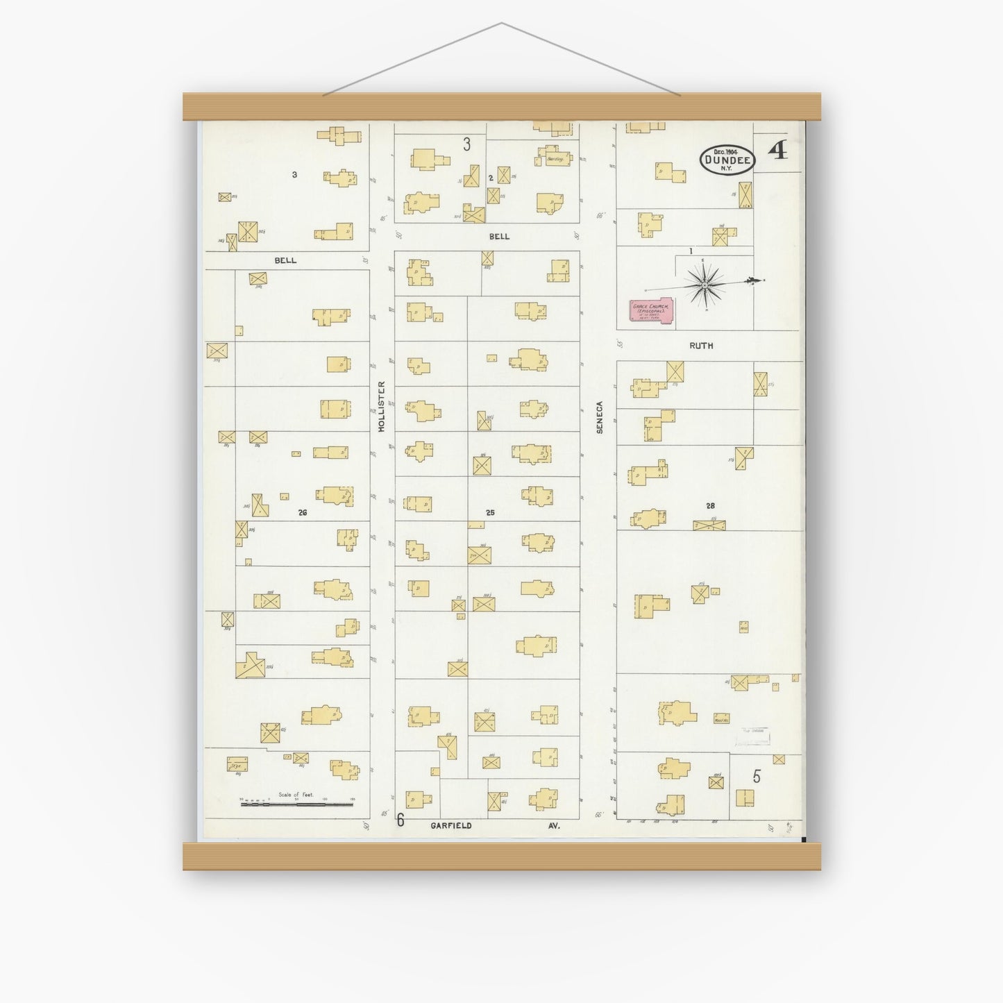 Old map wall art mockup — magnetic wood frame on white wall — Sanborn Fire Insurance Map from Dundee, Yates County, New York (1904), Sheet #0004