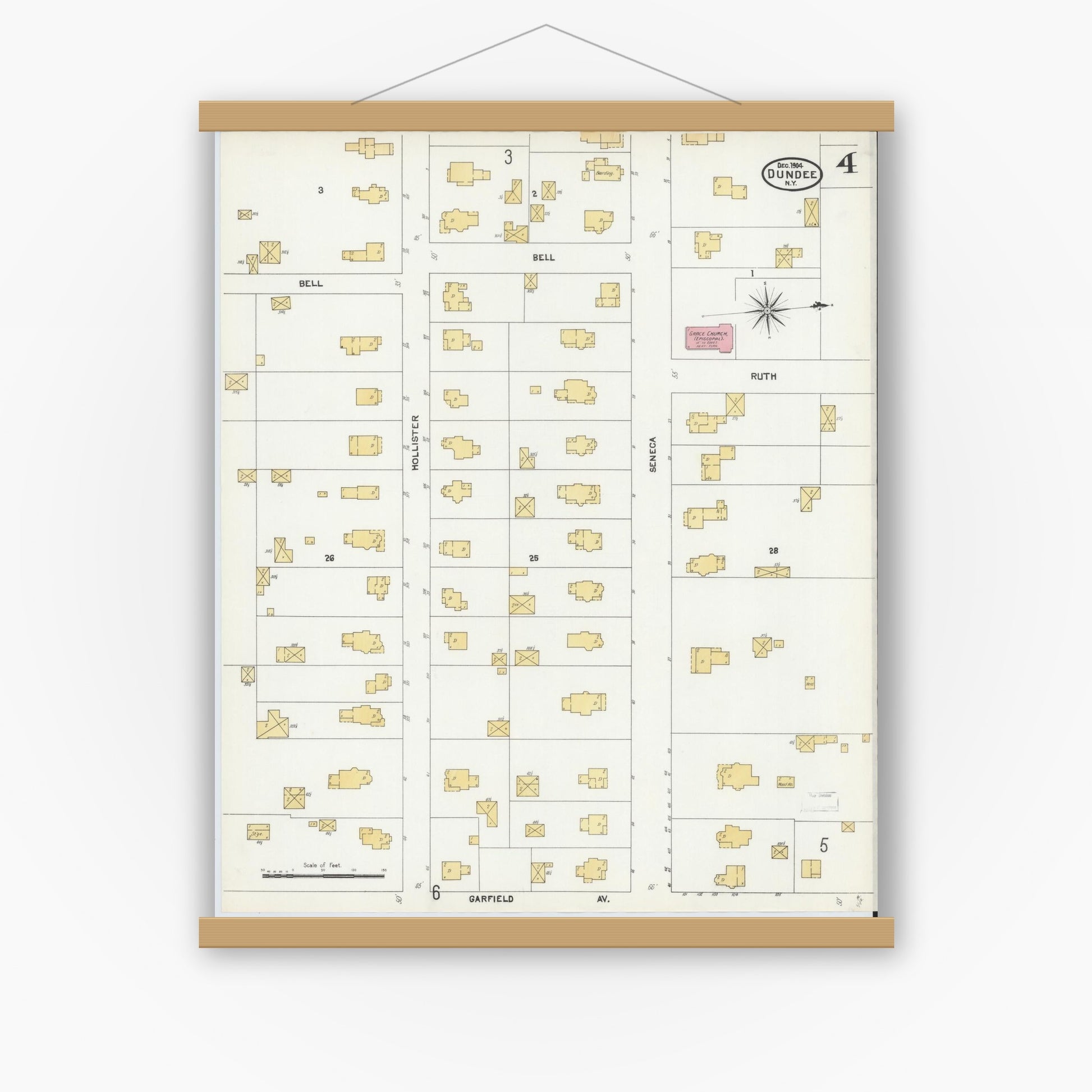 Old map wall art mockup — magnetic wood frame on white wall — Sanborn Fire Insurance Map from Dundee, Yates County, New York (1904), Sheet #0004